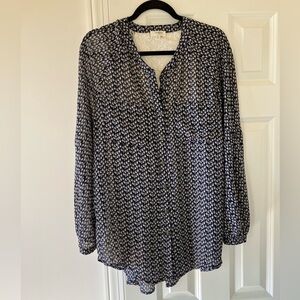 Umgee Navy Floral Button Down Pocketed Blouse Sheer Lace Back Insert (Medium)